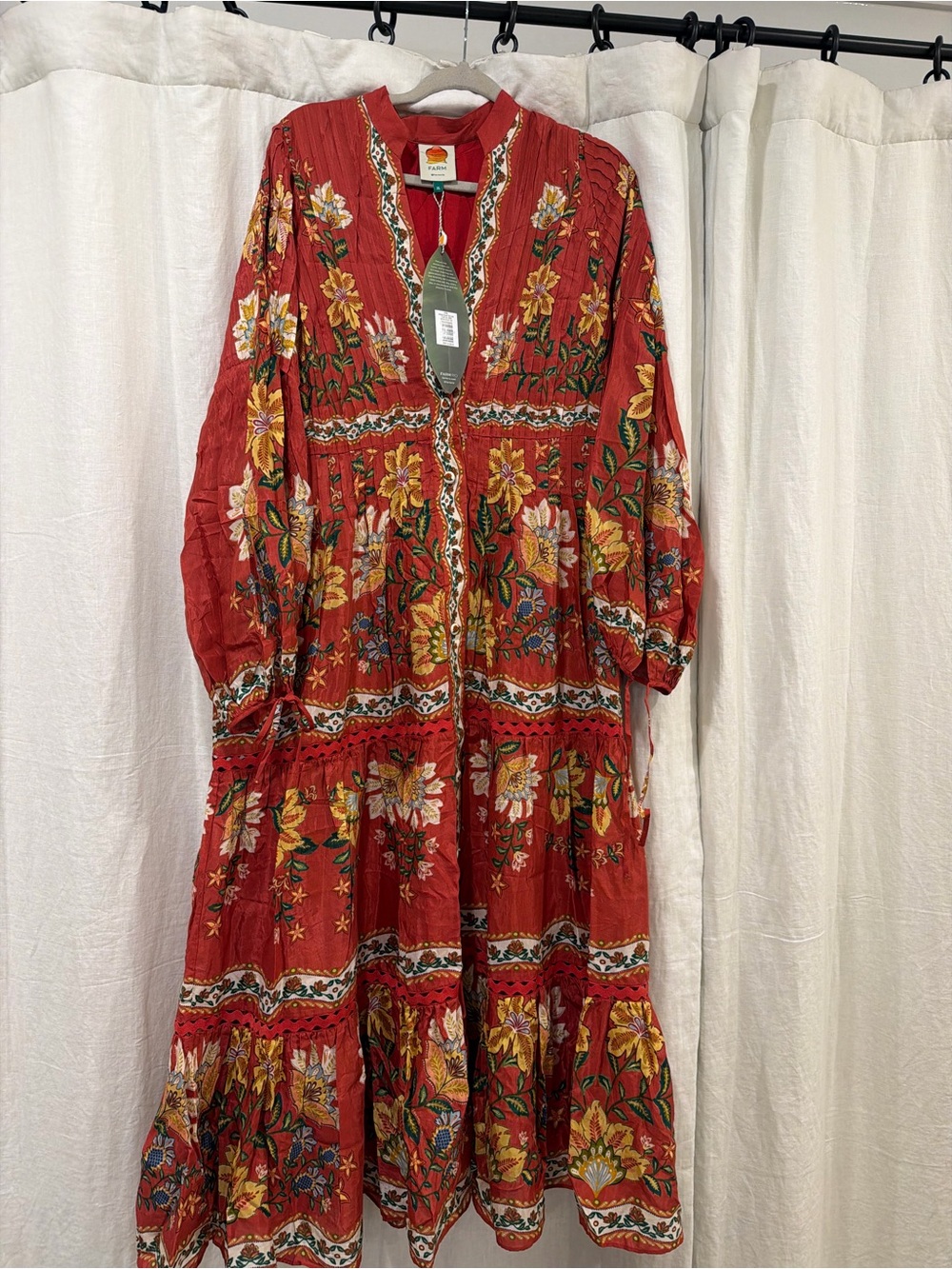 FARM Rio Red Floral Tiered Maxi Dress with Yellow & Green Accents